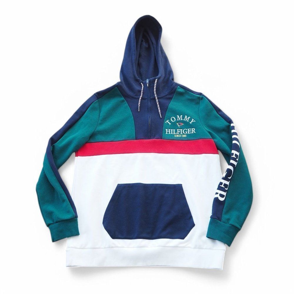Tommy Hilfiger Embroidered Nautical Flag Colorblock Quarter Zip Hoodie Men's S